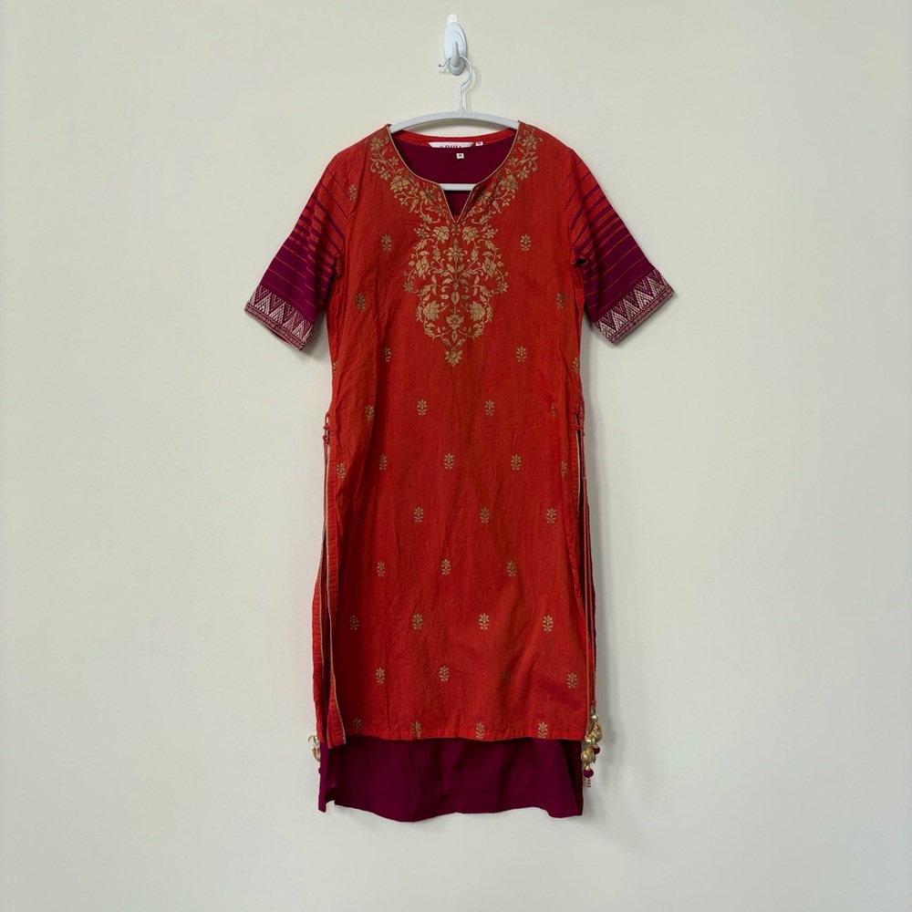 Orange and Purple Cotton Set with Kurta, Slip, and Palazzo Pants